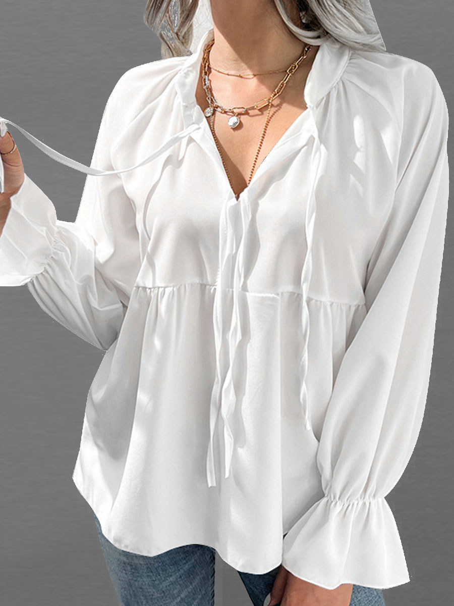 V neck Casual Loose Solid Color Tie Long sleeved Blouse