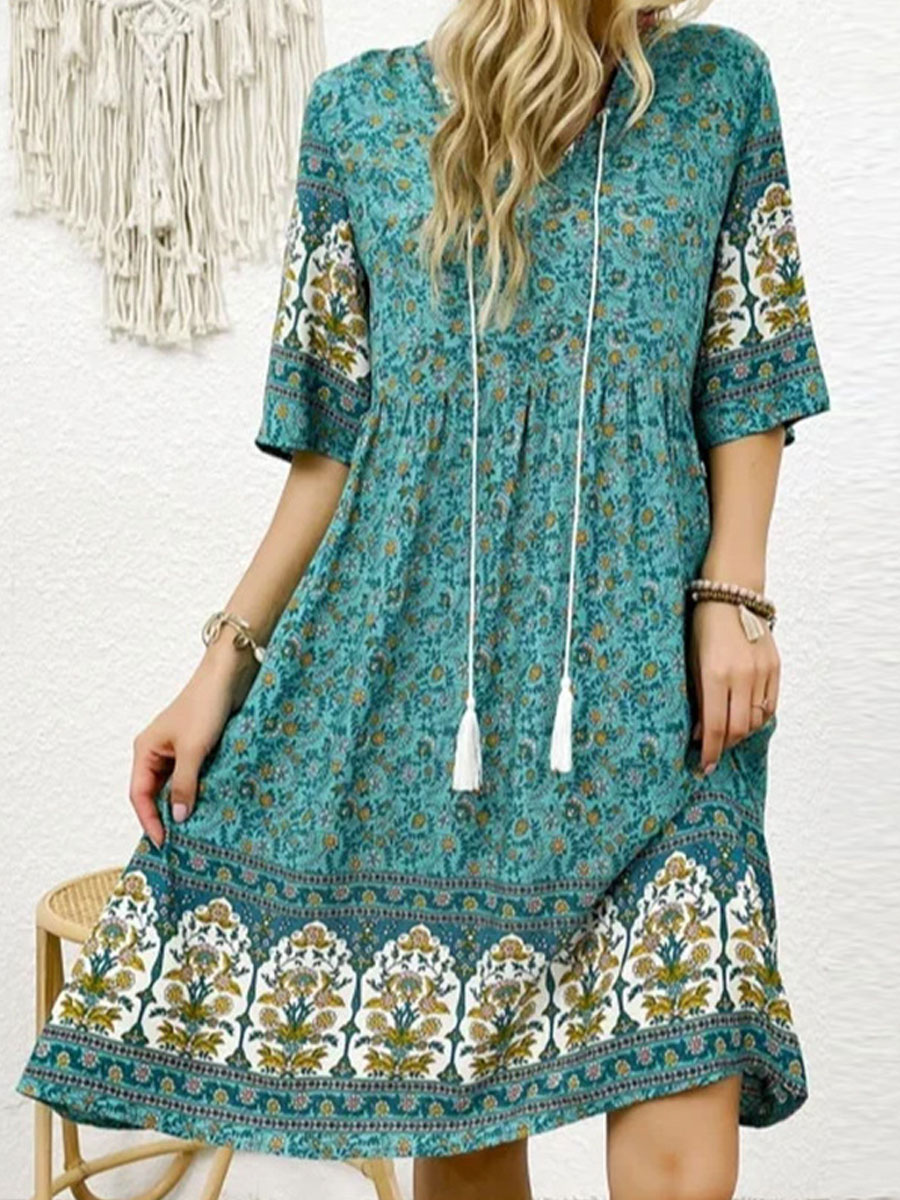 V neck Casual Loose Retro Ethnic Print Short sleeved Short Dress