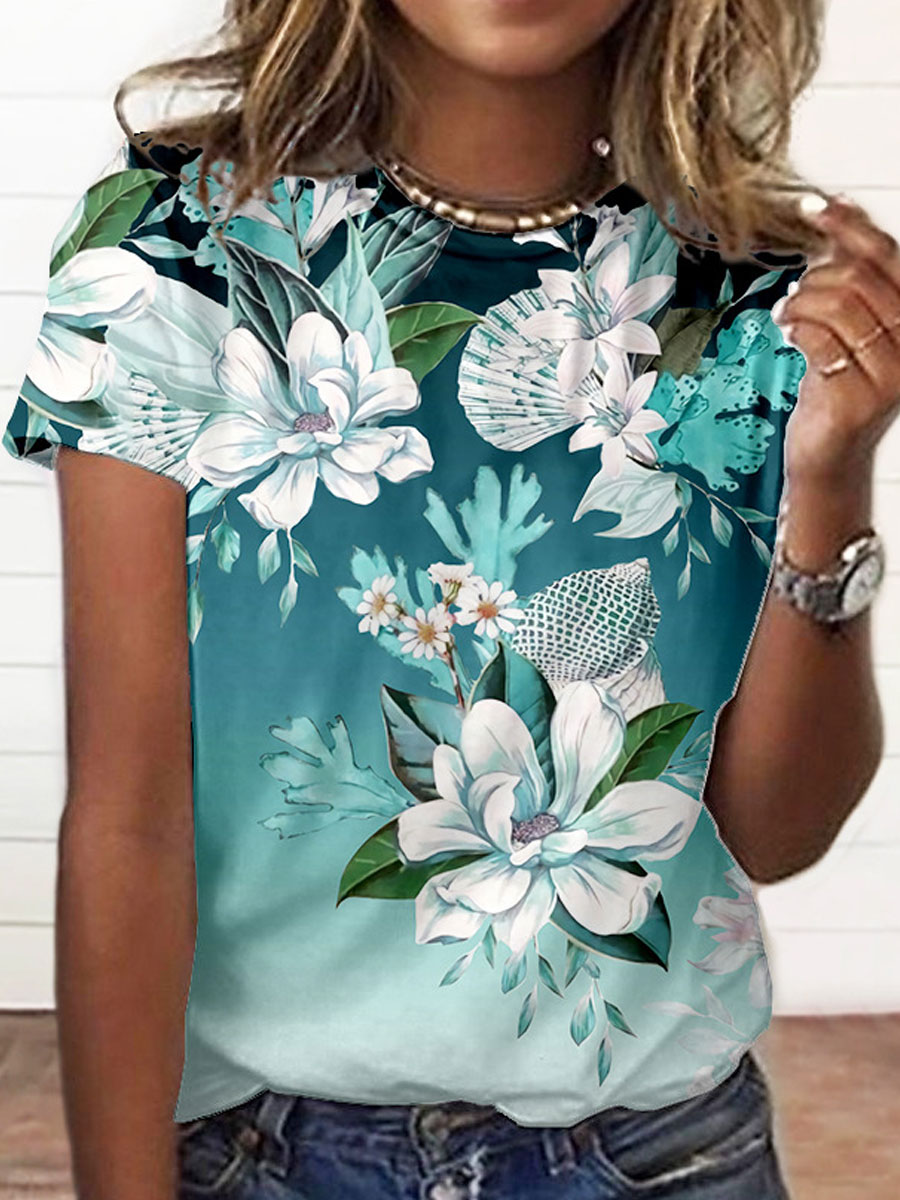 Round Neck Casual Loose Floral Print Short Sleeve T Shirt