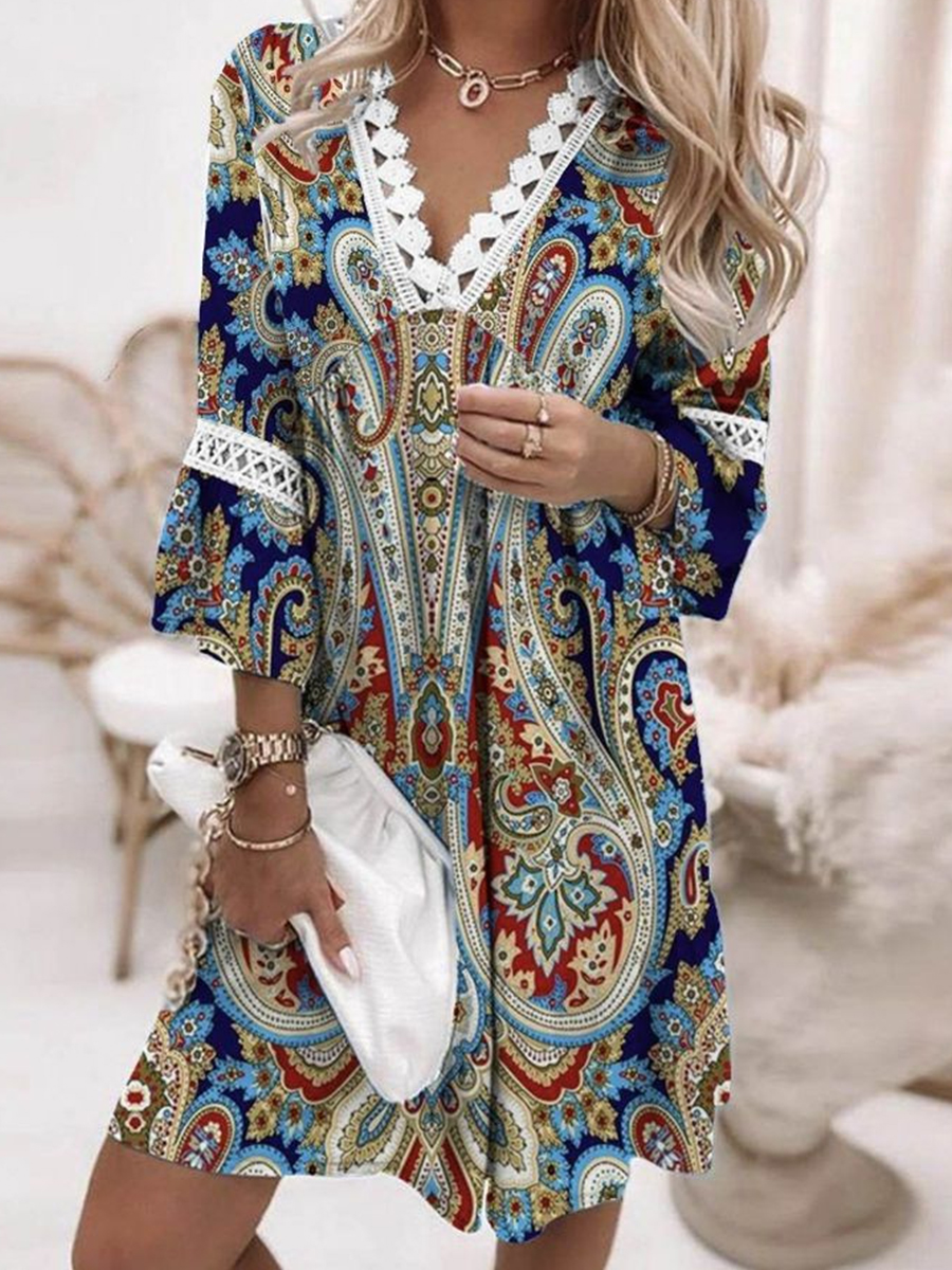 V Neck 3/4 Sleeves Printed Short Dress