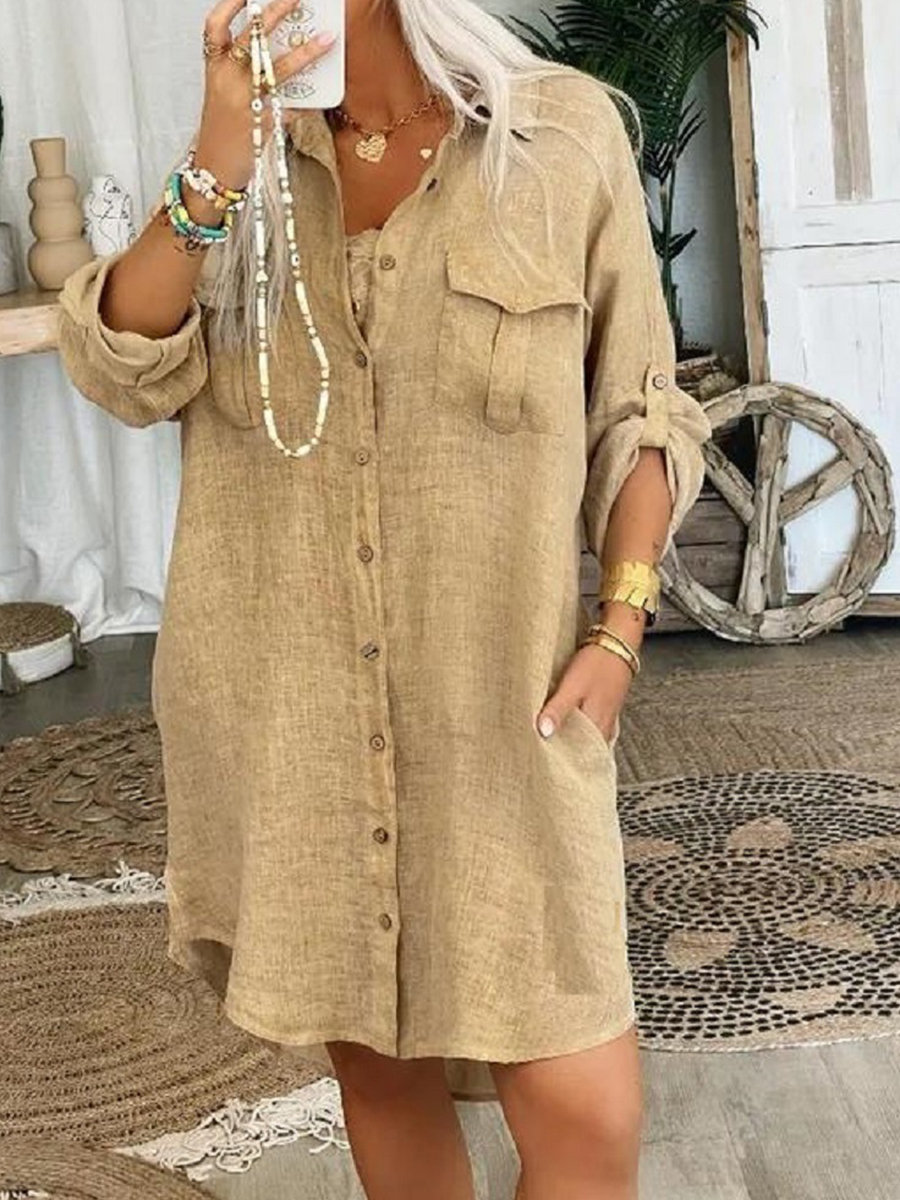 Shirt Collar Long Sleeves Buttoned Casual Short Dress