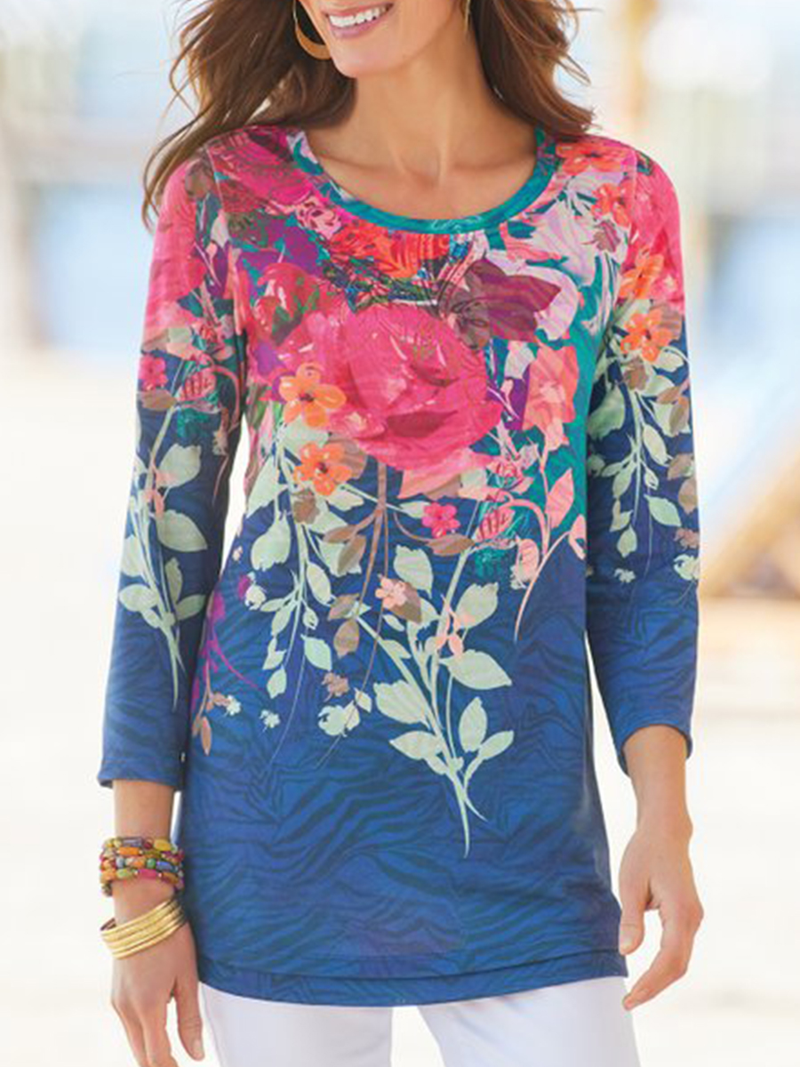 Women's Casual Floral Printed Long Sleeves Round Neck T shirt