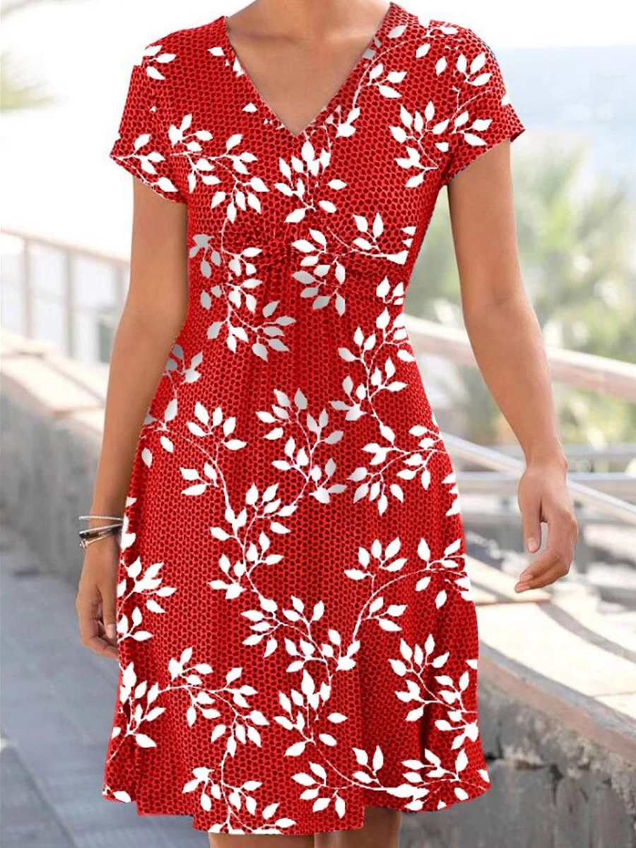 Women Short Sleeves Printed V Neck Printed Short Dress