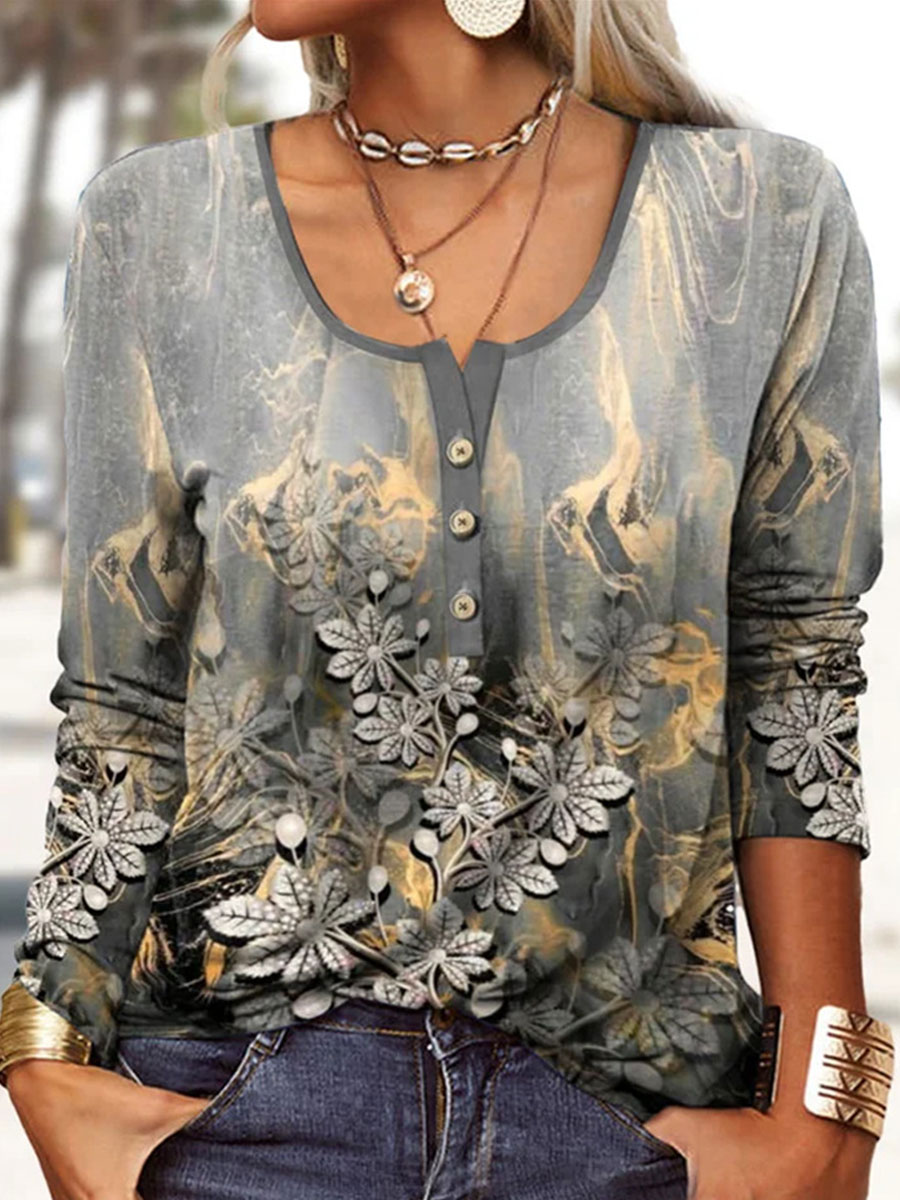 Round Neck Casual Loose Floral Print Long Sleeve T shirt