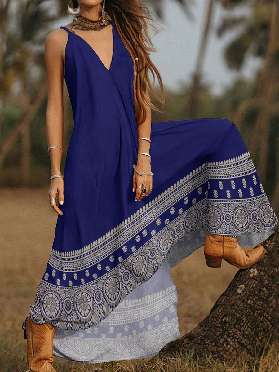 V neck Casual Loose Vintage Print Sleeveless Maxi Dress