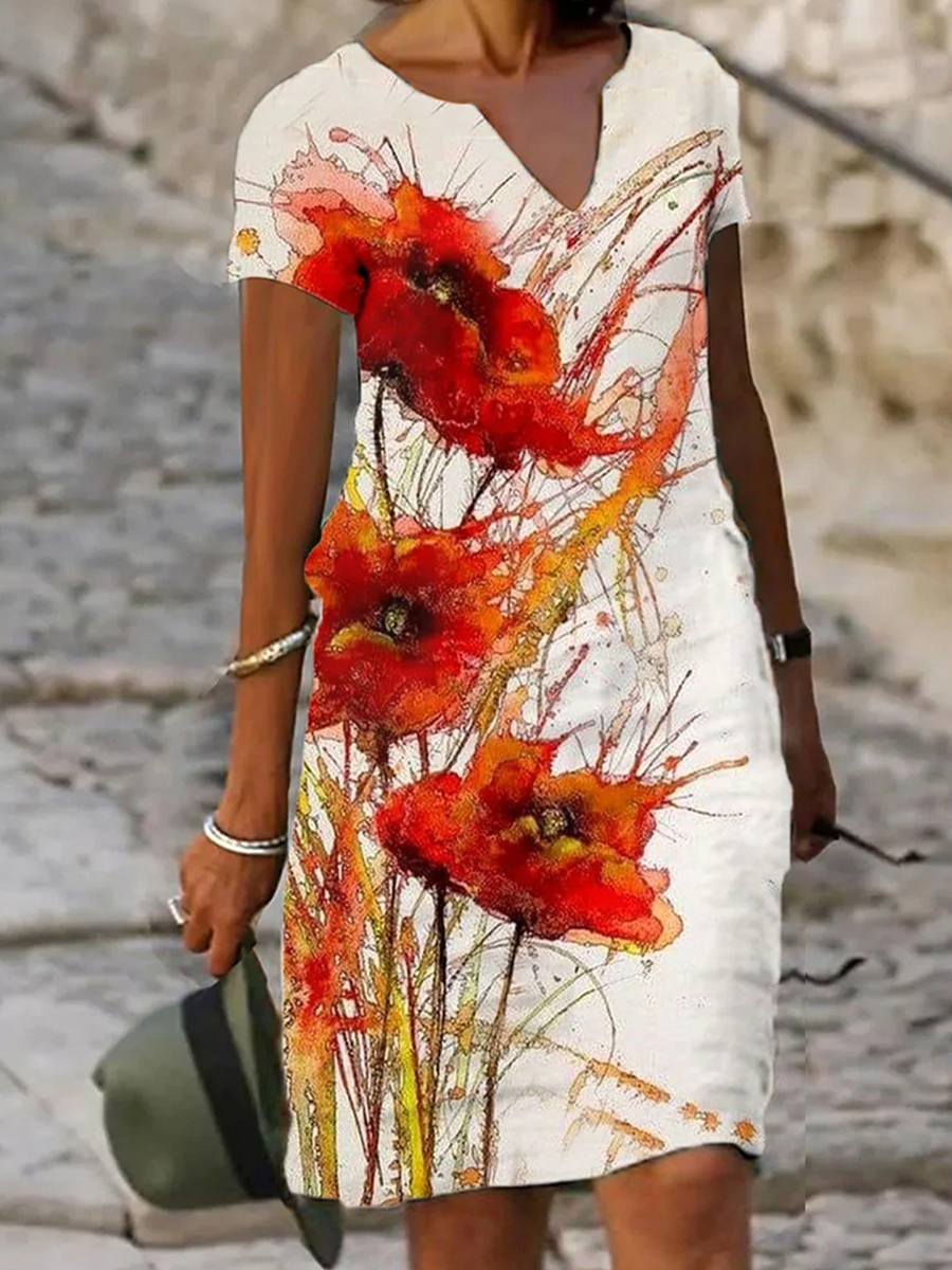 Short Sleeves Floral Printed V Neck Short Dress