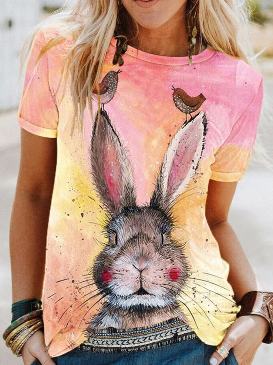 Women Casual Short Sleeves Printed Round Neck T shirt
