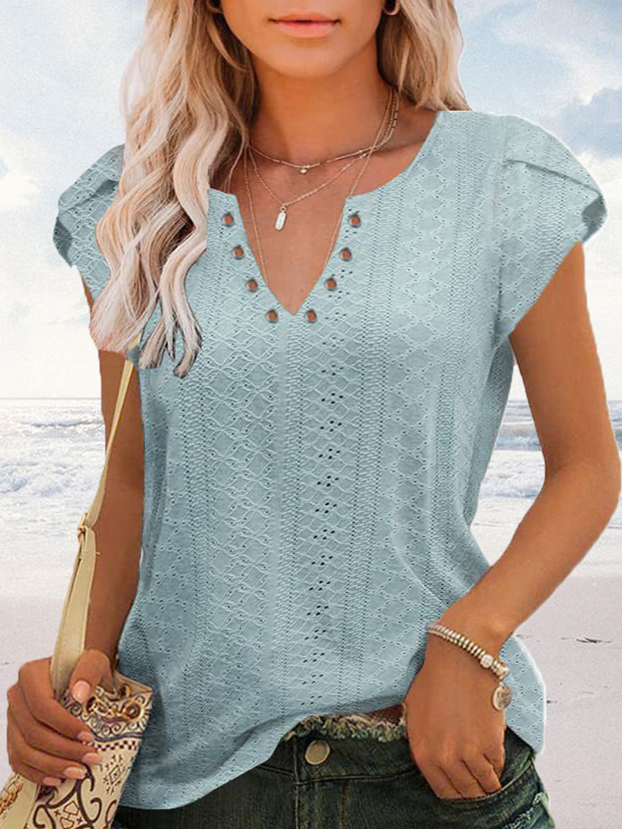 V neck Casual Loose Solid Color Lace Stitching Short sleeved T shirt
