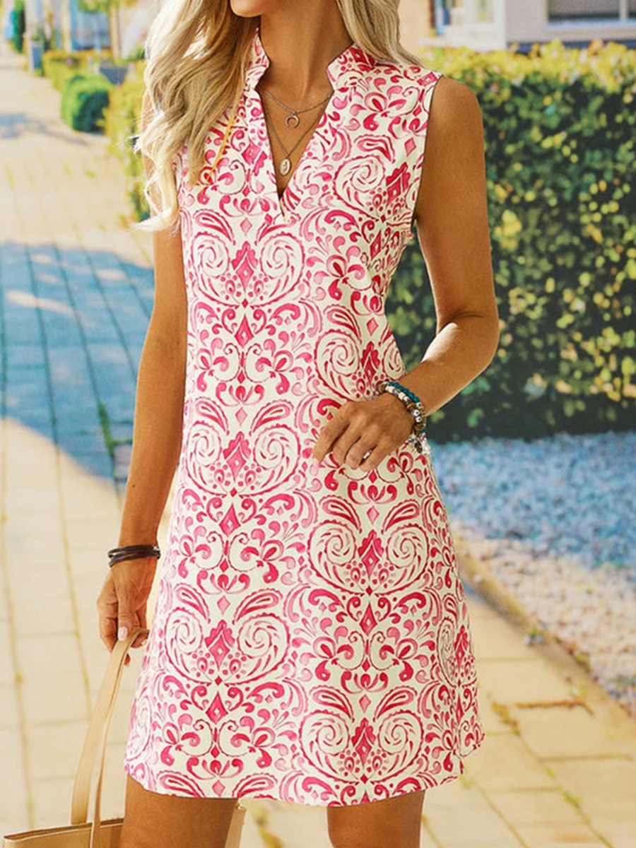 Sleeveless V Neck Printed Short Dress