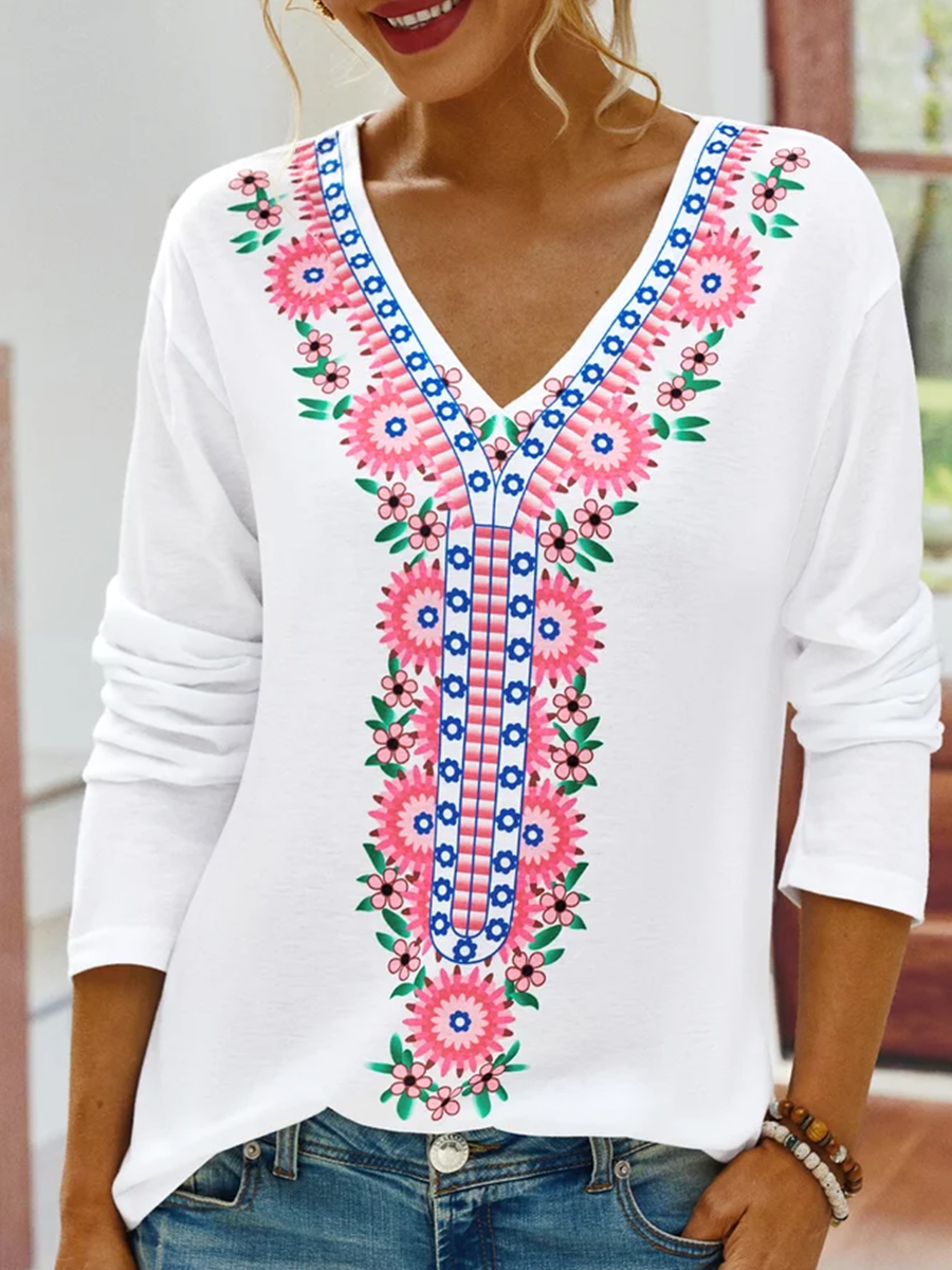 Women Casual Long Sleeves V Neck Printed T shirt