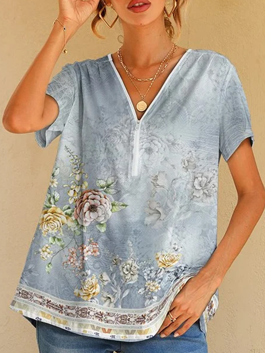 V Neck Short Sleeves Zipper Casual Printed T shirt