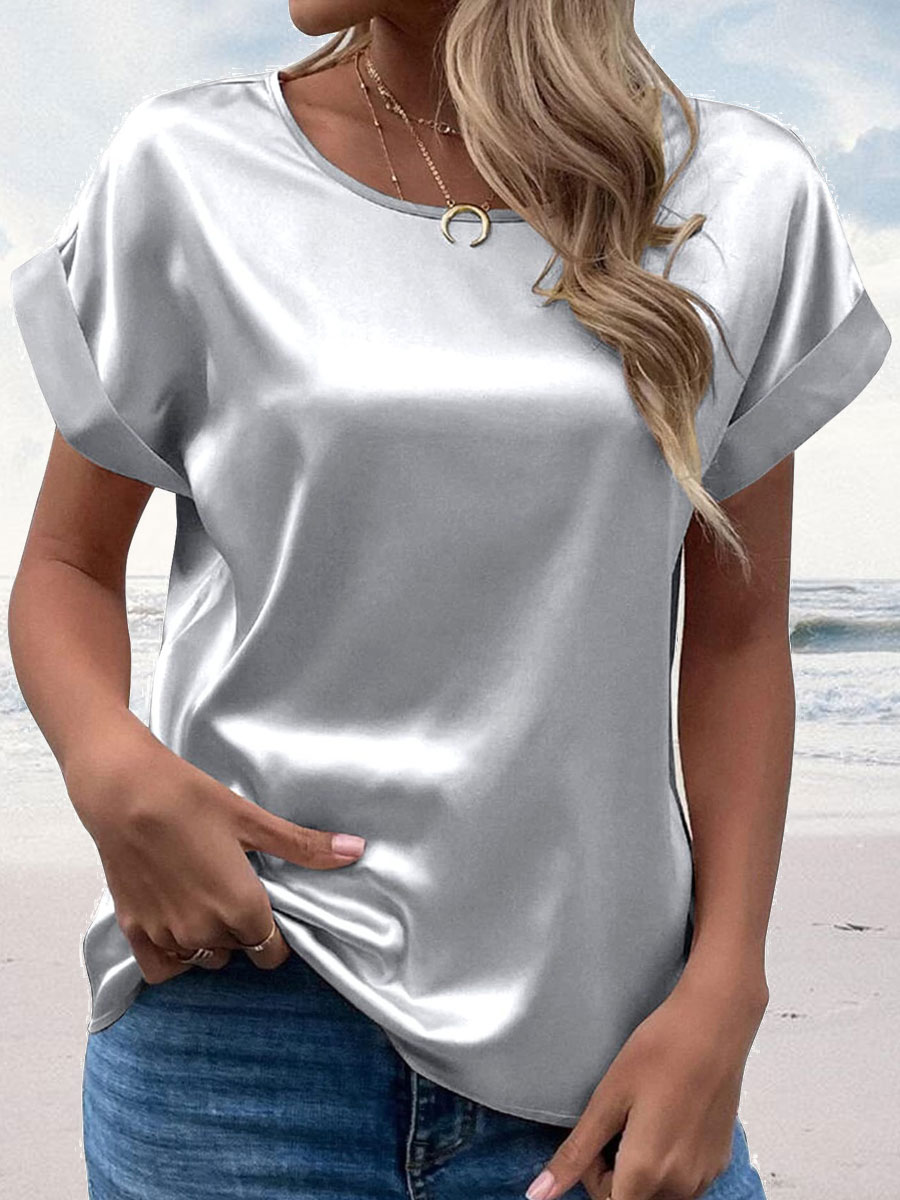 Round Neck Casual Loose Solid Color Short sleeved T shirt