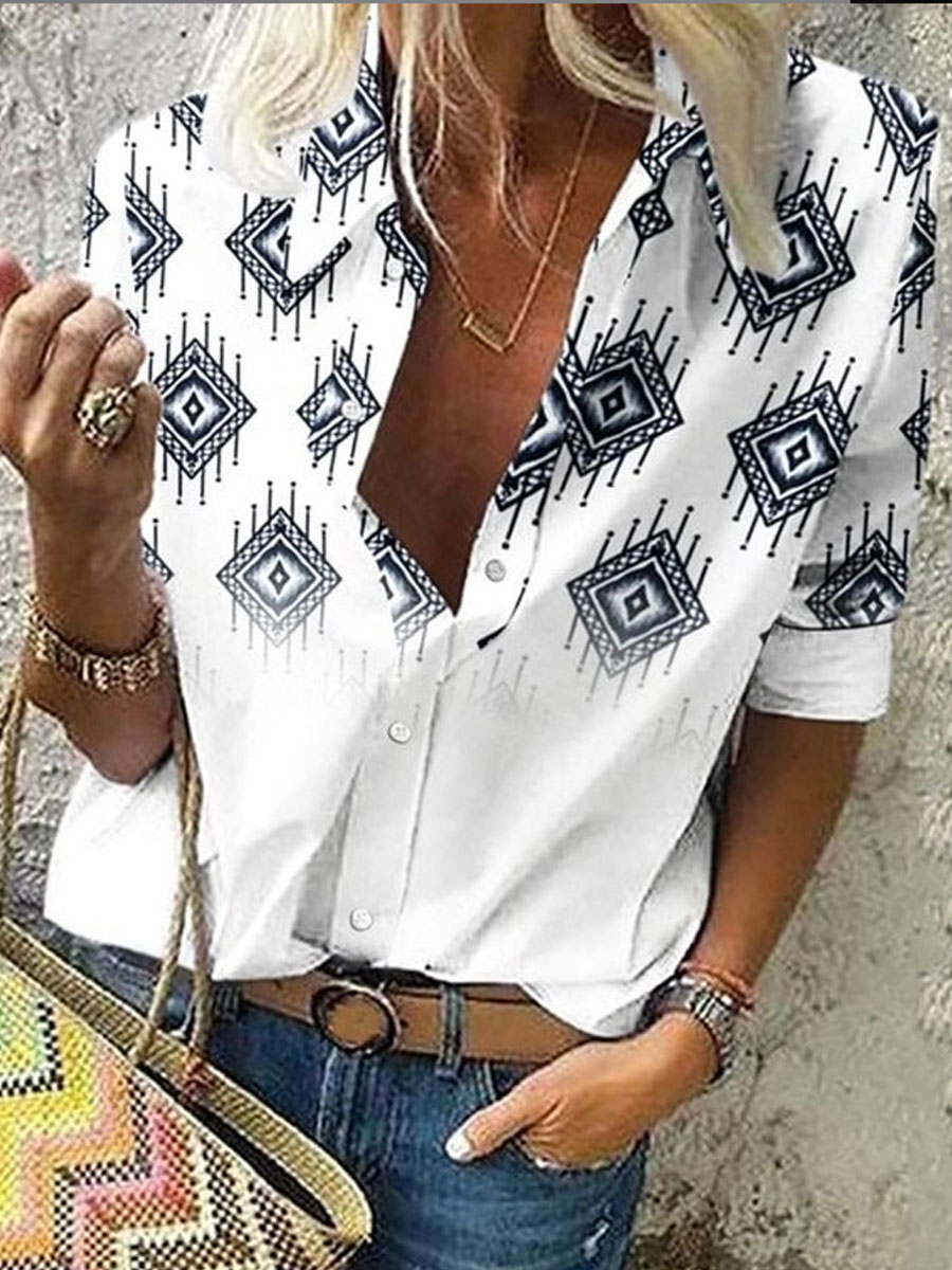 Casual Loose Ethnic Geometric Print Long sleeved Blouse
