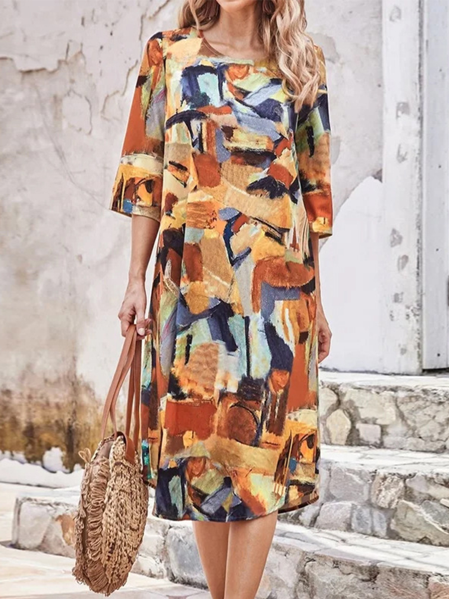 3/4 Sleeves Round Neck Printed Midi Dress