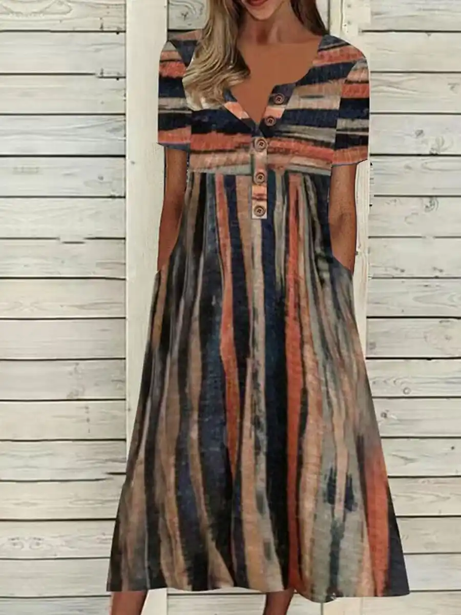 Round Neck Casual Loose Floral Print Short Sleeve Midi Dress