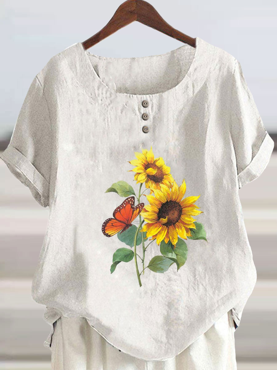 Round Neck Casual Loose Chic Sunflower Print Short-sleeved Blouse