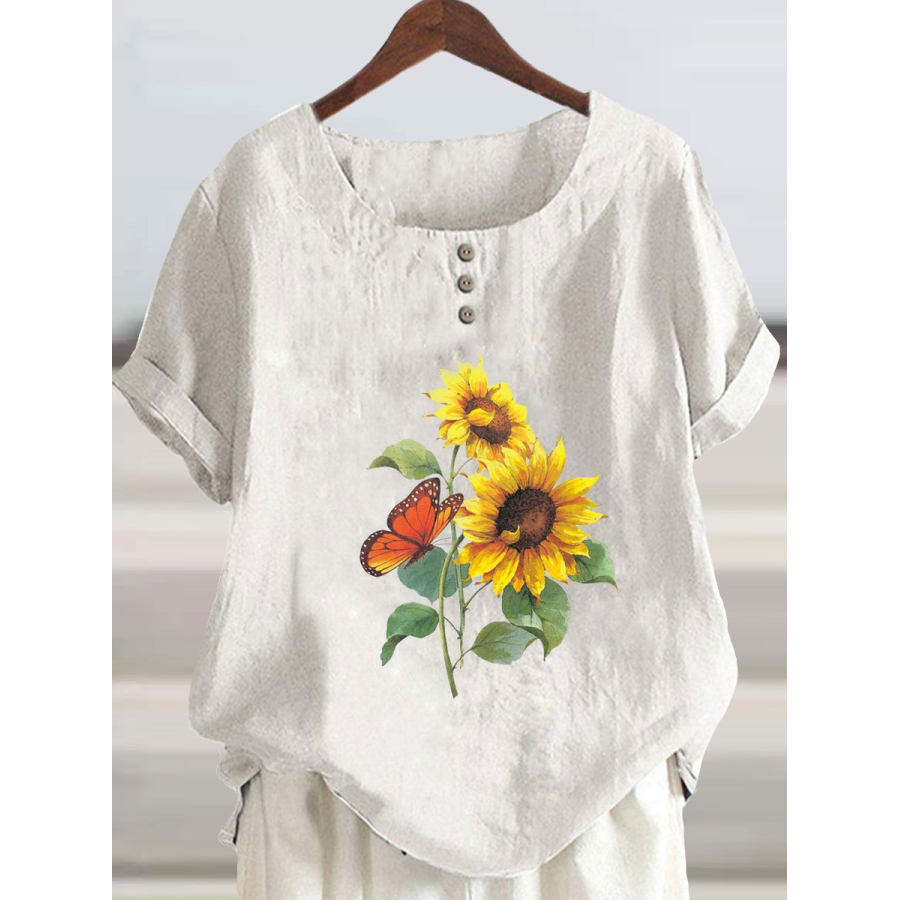 

Round Neck Casual Loose Sunflower Print Short-sleeved Blouse