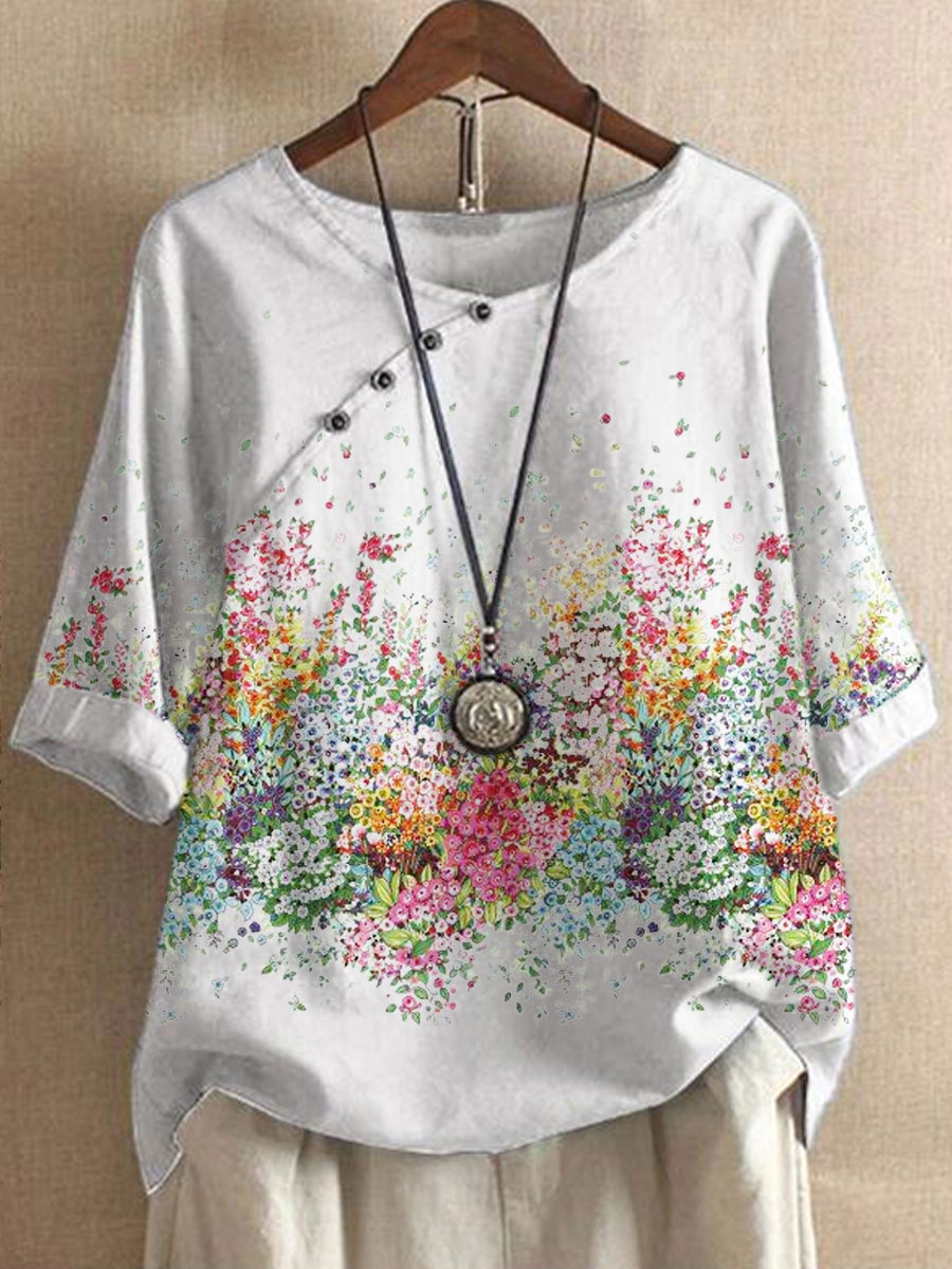 Round Neck Casual Loose Chic Floral Print Short Sleeve Blouse