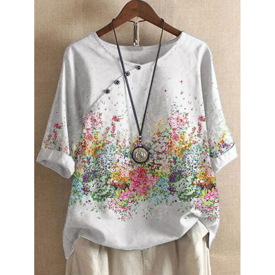 

Blusa De Manga Corta Con Estampado Floral Suelto Informal Con Cuello Redondo