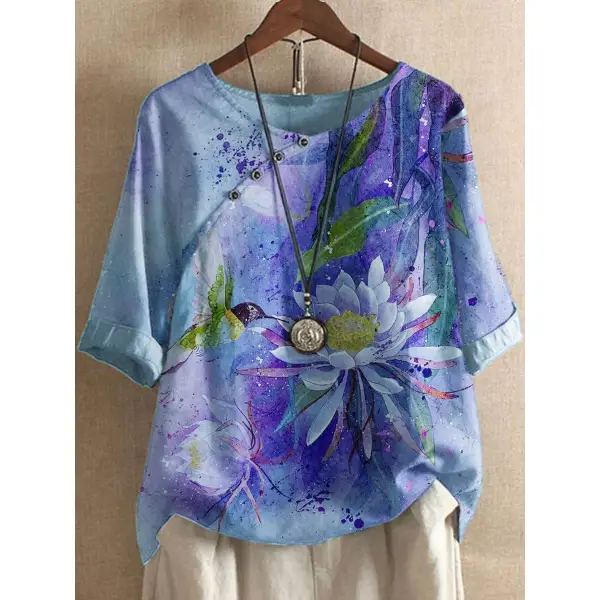 Round Neck Casual Loose Lotus Print Short-sleeved Blouse - Chrisitina.com 