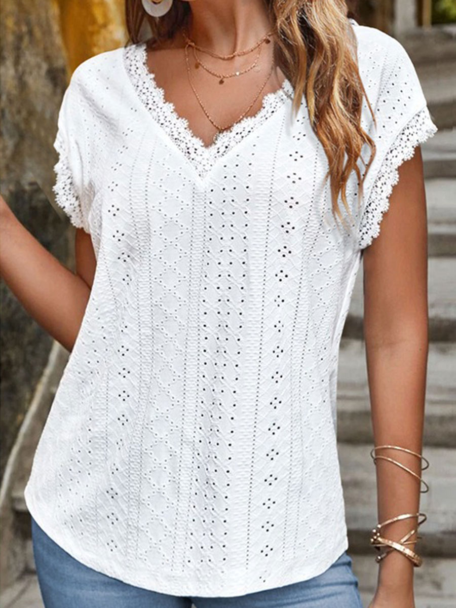 V-neck Lace Casual Loose Chic Solid Color Hollow Short-sleeved Blouse