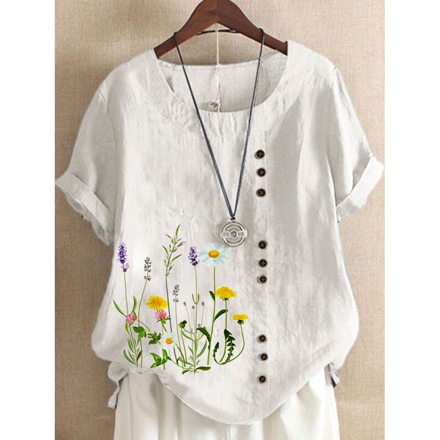 

Круглый вырез Повседневная свободная блузка с коротким рукавом с цветочным принтом