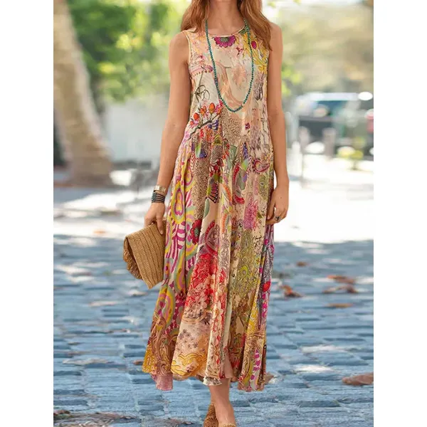 Sleeveless Printed Round Neck Casual Maxi Dress - Chrisitina.com 