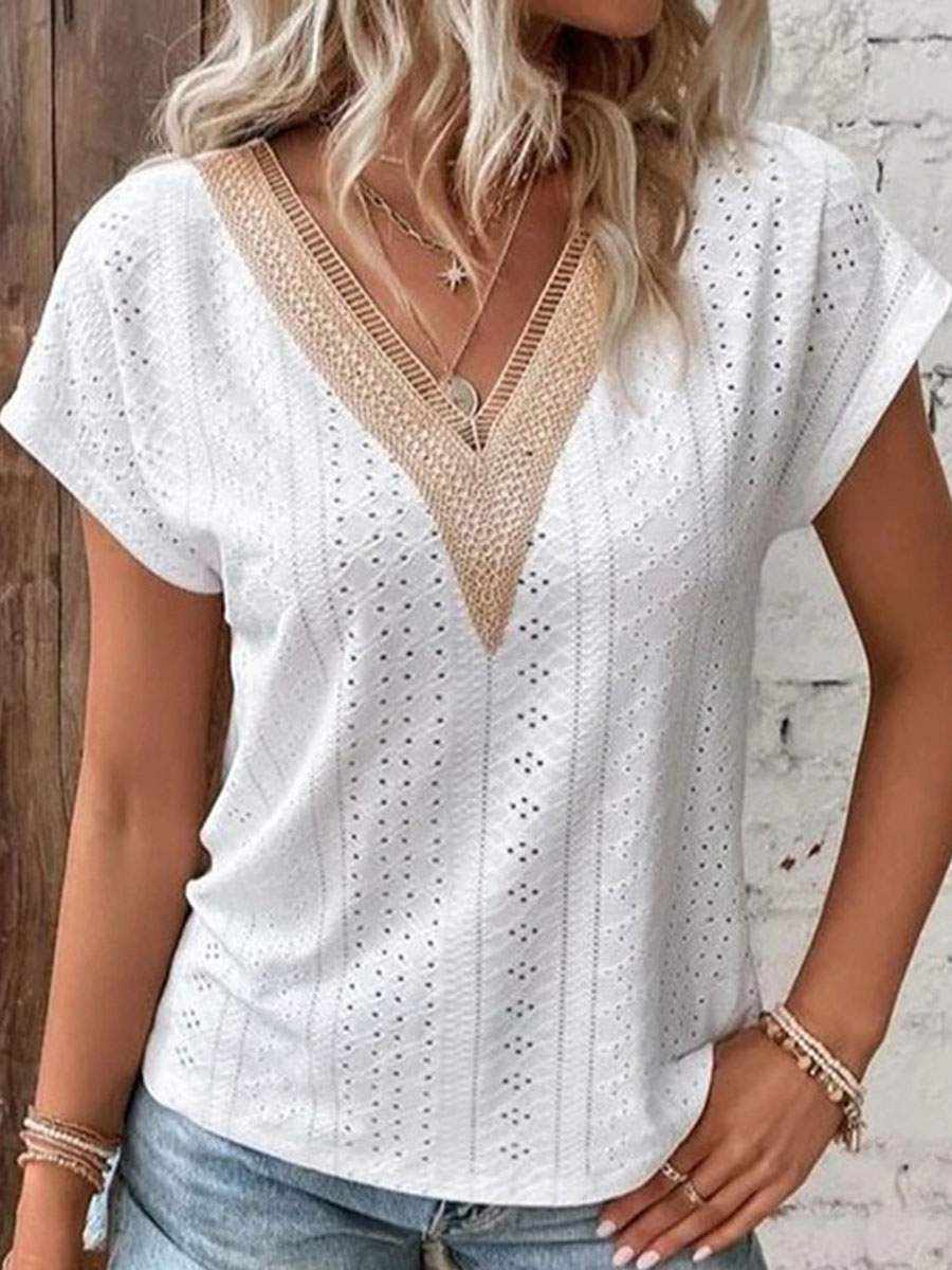 V-neck Stitching Casual Loose Chic Lace Hollow Short-sleeved Blouse