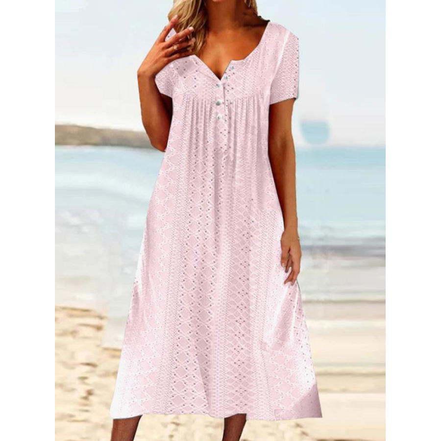 

Round Neck Casual Loose Hollow Lace Vacation Short Sleeve Midi Dress