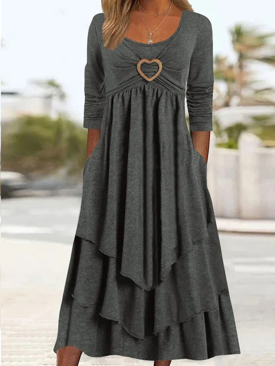 Solid Color Waisted Heart Decoration Layer Cake Casual Dress