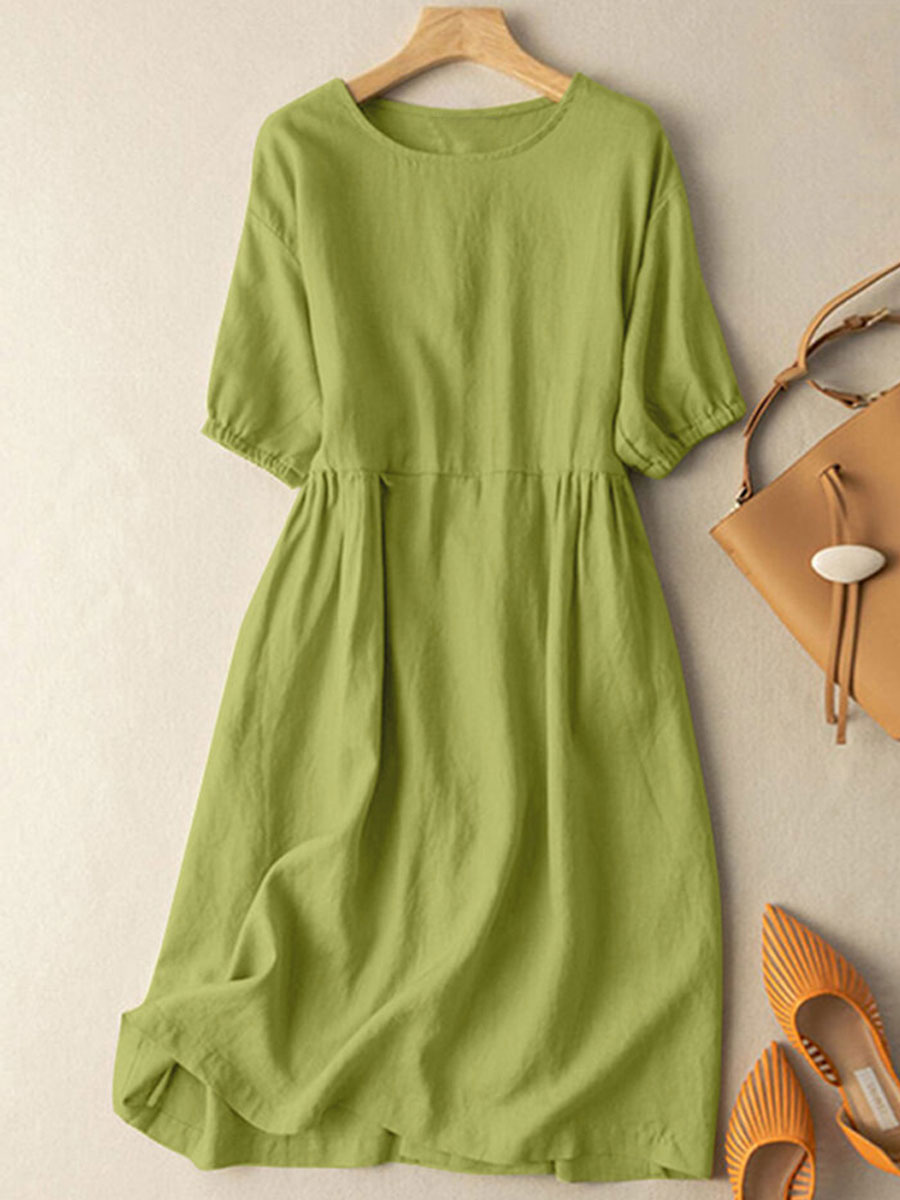 Round Neck Casual Loose Solid Color Short-sleeved Midi Dress