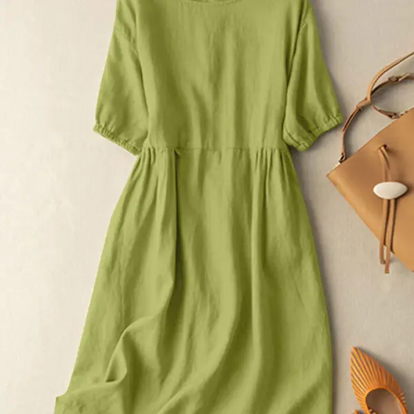 Round Neck Casual Loose Solid Color Short-sleeved Midi Dress - Blaroken.com 