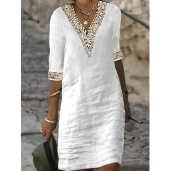 Cotton Linen V-neck Lace Half Sleeve Women's Midi Dress - Chrisitina.com 