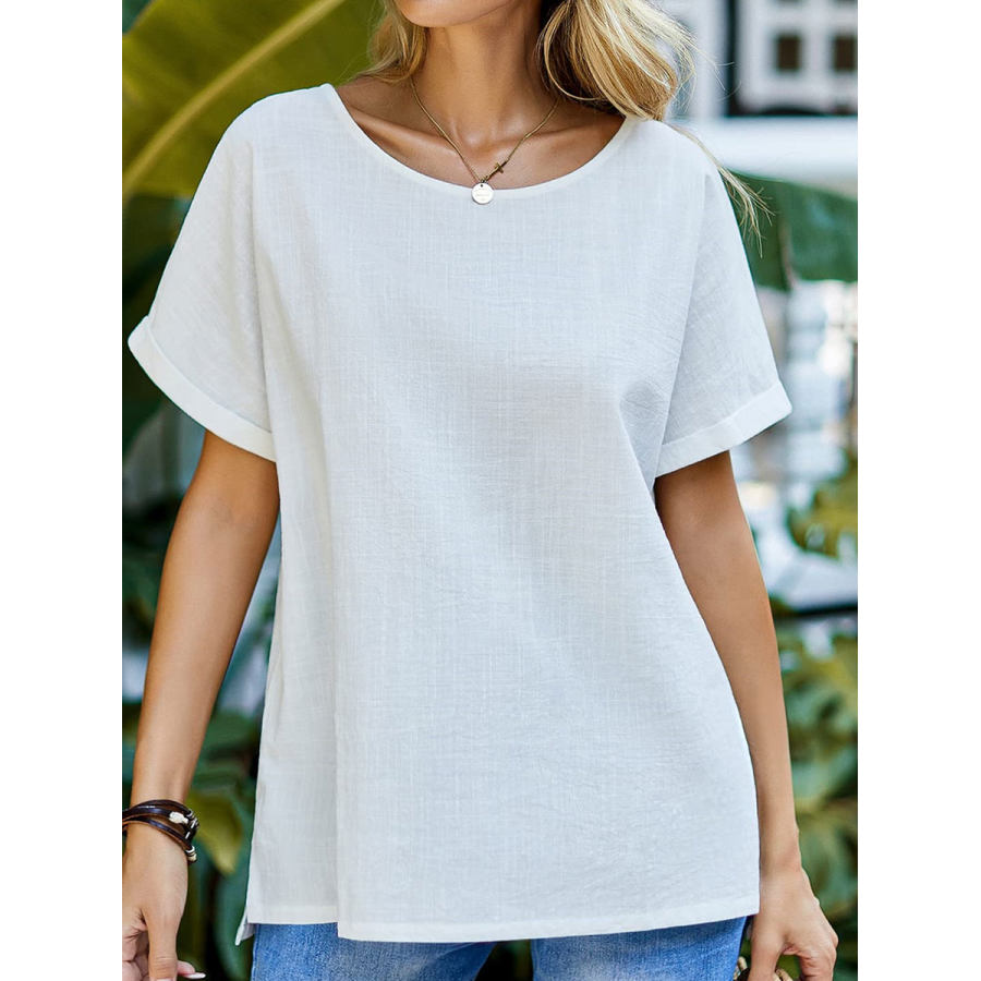 

Round Neck Casual Loose Cotton Linen Solid Color Short-sleeved Blouse