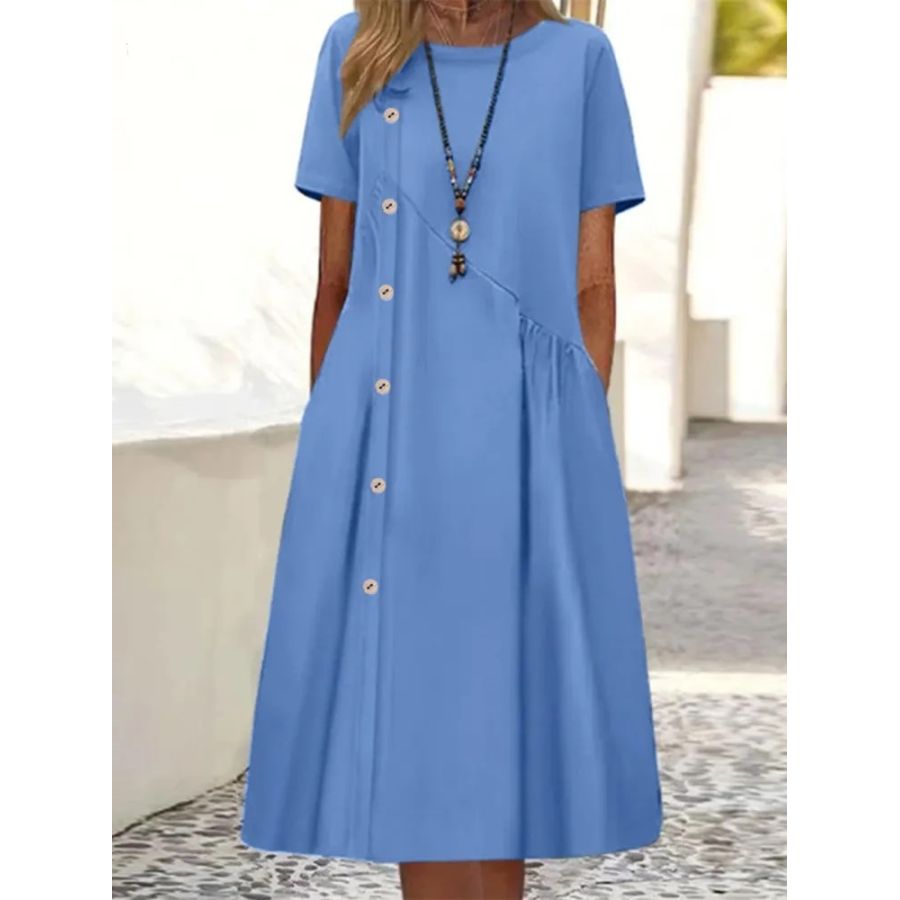 

Round Neck Casual Loose Solid Color Button Short Sleeve Midi Dress