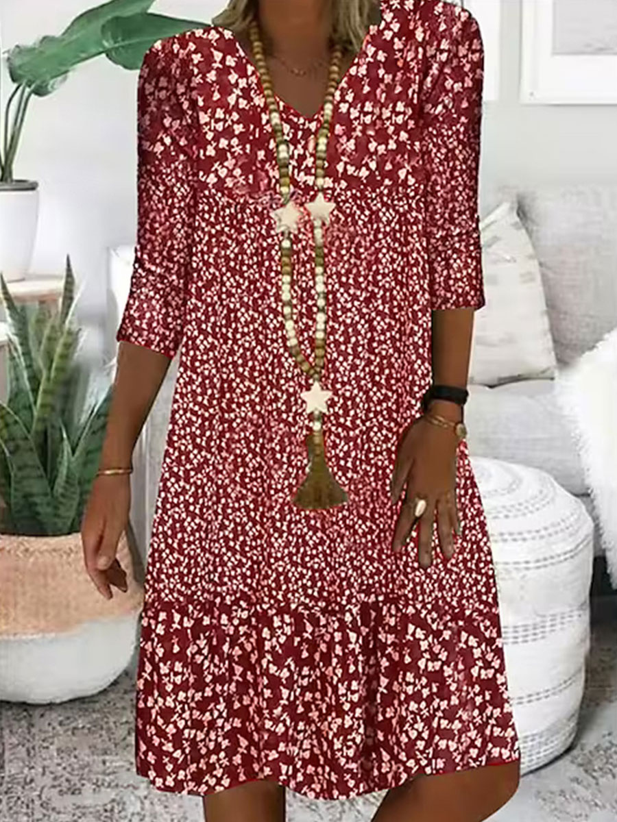 V-neck Casual Loose Floral Print Short Sleeve Short Dress