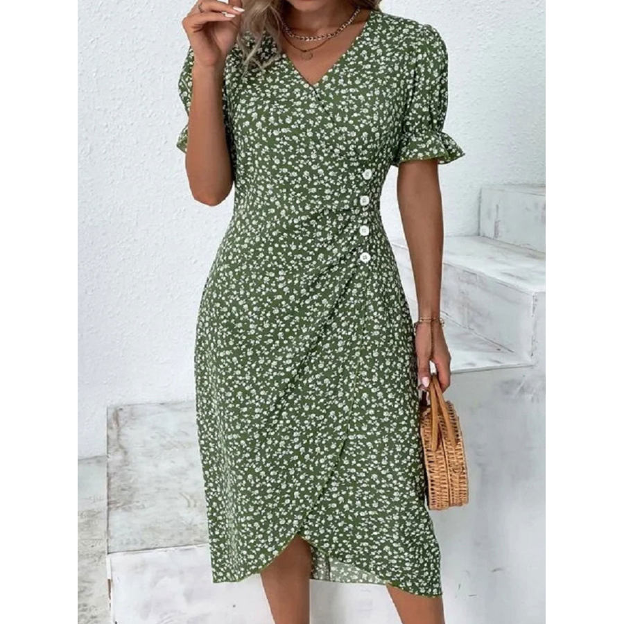 

V-neck Casual Floral Print Short Sleeve Midi Dress