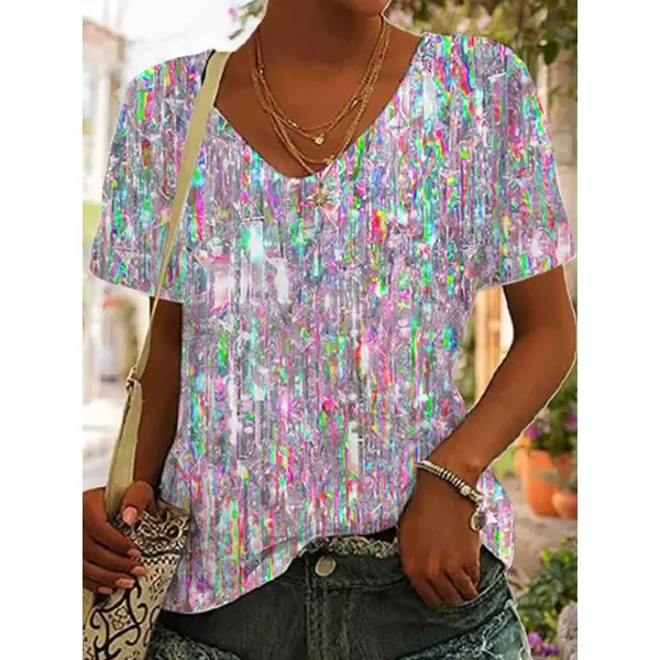 V-neck Casual Loose Sequin Print Short-sleeved T-shirt - Chrisitina.com 