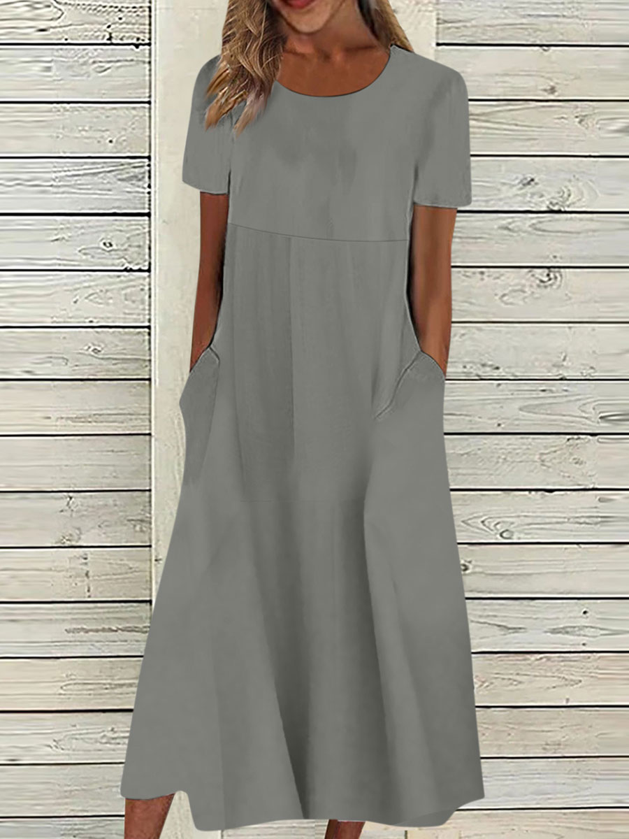 Round Neck Loose Floral Solid Color Vacation Short Sleeve Midi Dress