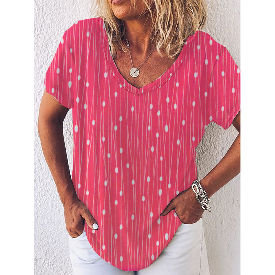 

V-neck Loose Casual Polka Dot Print Short-sleeved T-shirt