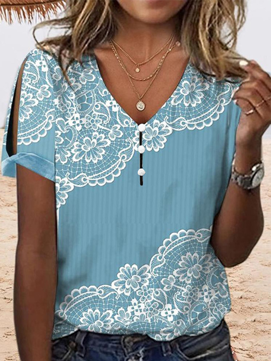 V Neck Short Sleeves Printed Casual T-shirt