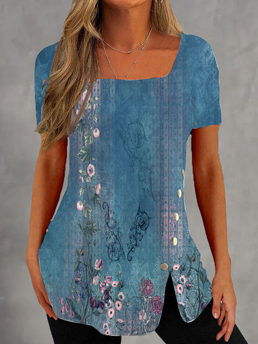 Casual Loose Floral Print Short Sleeve T-Shirt