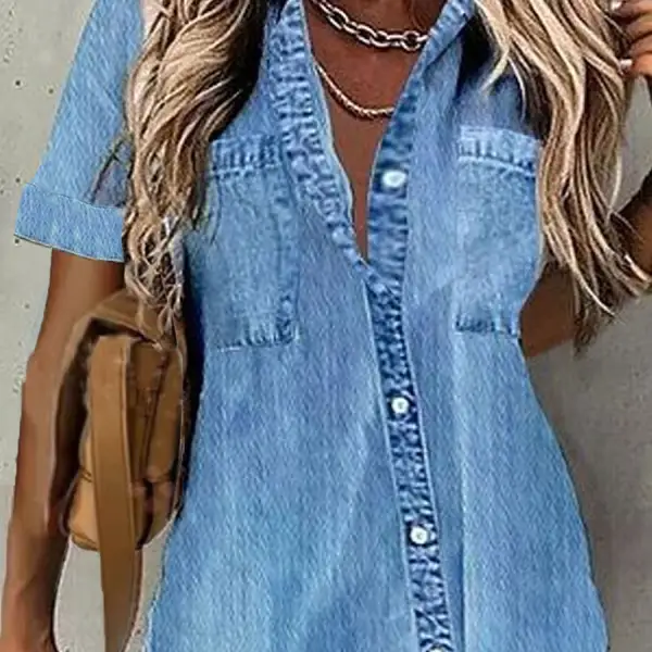 Casual Loose Denim Single-Breasted Short-Sleeved Blouse - Blaroken.com 