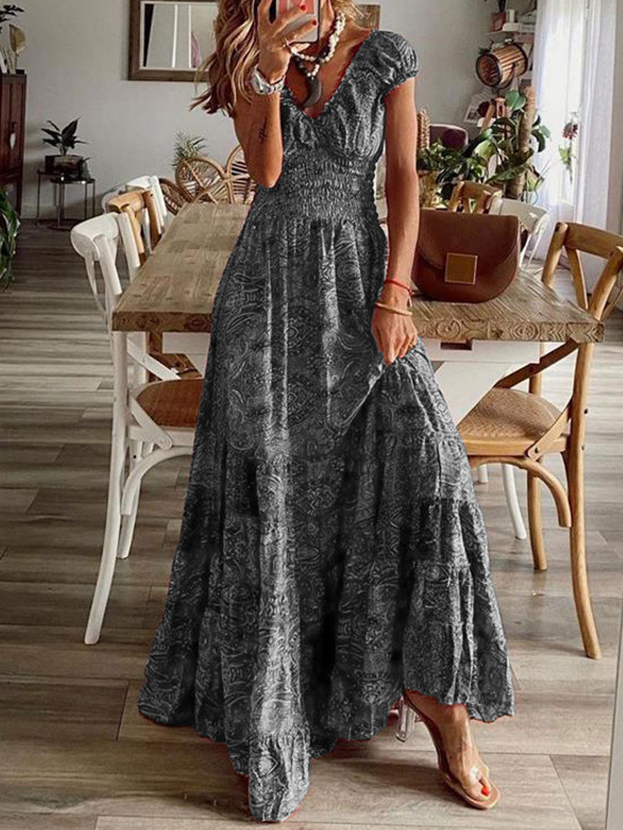 V-Neck Loose Elastic Waist Vintage Print Short Sleeve Maxi Dress