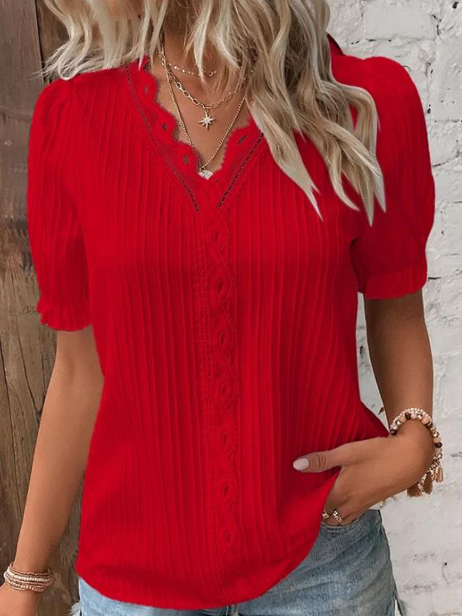Solid Lace V Neck Short Sleeve Blouses