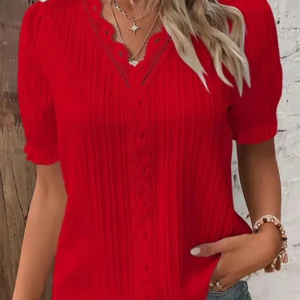 Solid Lace V Neck Short Sleeve Blouses - Blaroken.com 