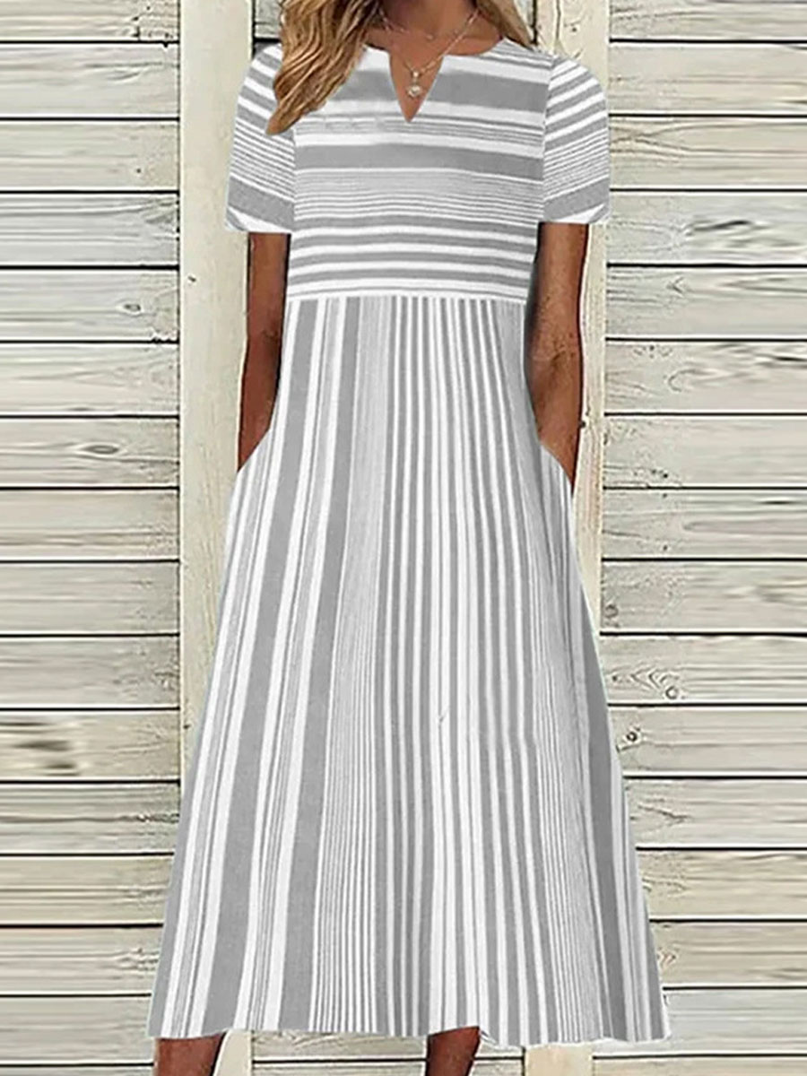 V-Neck Casual Loose Striped Print Short-Sleeved Midi Dress