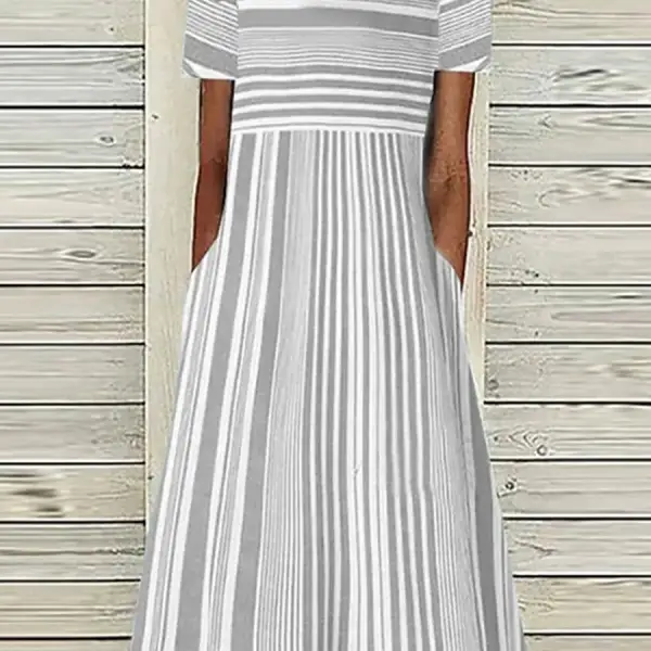 V-Neck Casual Loose Striped Print Short-Sleeved Midi Dress - Blaroken.com 