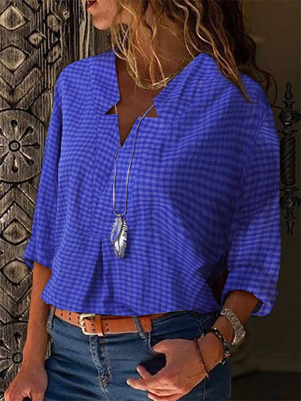 Fashion Plaid Unregelmäßige V-Ausschnitt Langarmshirts