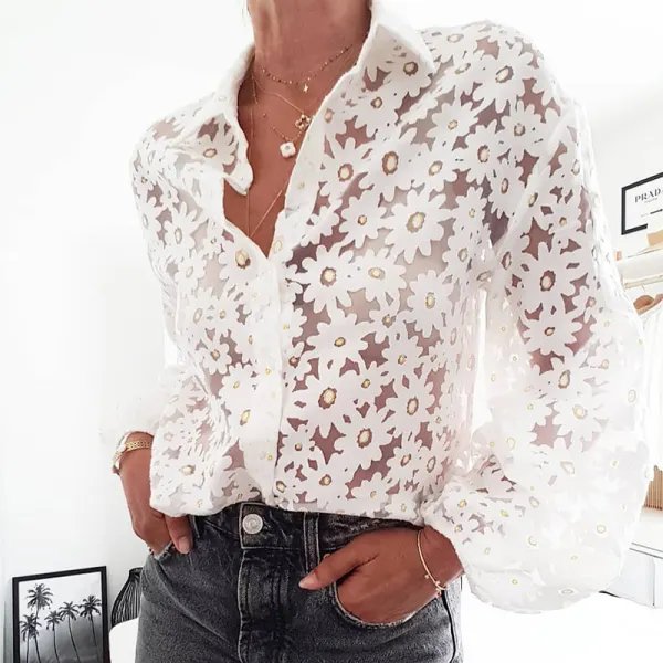 modern see-through floral print folding collar puff sleeves shirt - Leanarea.chimpone.com 